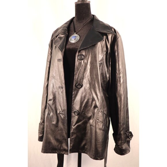 Vintage 90s Y 20K Jennyfer J Faux‎ Black Leather Trench Coat Women's Size 2X - Picture 2 of 16